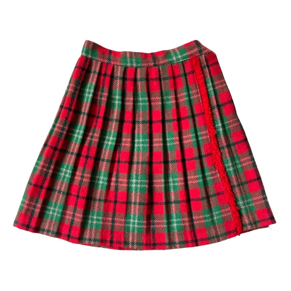 VINTAGE WOOL Skirt Kilt Mini pleated Irish Scottish Gingham Plaid Red Green